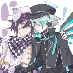 ! 2boys admisea android arm_around_shoulder black_capelet blue_eyes blue_halo blush buttons capelet checkered_clothes checkered_scarf commentary_request danganronpa_(series) danganronpa_v3:_killing_harmony demon_horns flipped_hair gloves grey_hair hair_between_eyes halo hat horns jacket k1-b0 long_sleeves looking_at_viewer male_focus military_hat multiple_boys oma_kokichi peaked_cap purple_eyes purple_hair robot_ears scarf short_hair slit_pupils smile two-tone_scarf upper_body white_background
