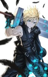1boy absurdres apron armpit_peek black_apron black_feathers black_gloves black_pants black_sleeves blonde_hair blurry blurry_foreground closed_mouth cloud_strife commentary_request detached_sleeves falling_feathers feathers feet_out_of_frame fenrir_(final_fantasy) final_fantasy final_fantasy_vii final_fantasy_vii_advent_children fusion_swords gloves highres holding holding_sword holding_weapon looking_at_viewer male_focus muscular muscular_male pants ribbed_shirt serious shirt short_hair single_bare_shoulder single_detached_sleeve single_shoulder_pad sleeveless sleeveless_shirt solo spiked_hair sword waist_apron weapon white_background zipper zupakyo