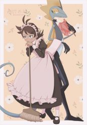 1boy 1other alternate_costume antenna_hair apron artist_name black_bow black_bowtie black_dress black_footwear black_skin blue_eyes blue_skin blush border bow bowtie bright_pupils broom brown_hair closed_mouth clothed_pokemon collared_dress colored_skin crossdressing dated detached_collar dress duster enmaided fins floral_background flower frilled_apron frills from_side furry gen_8_pokemon goh_(pokemon) hair_ornament hairclip hands_on_hilt hands_up head_fins heel_up highres holding holding_broom holding_duster inteleon juliet_sleeves leaning_forward lemonade_kokoi lizard_tail long_dress long_sleeves looking_at_another looking_down maid maid_apron maid_headdress mary_janes multicolored_skin nintendo outside_border own_hands_together pantyhose pokemon pokemon_(anime) pokemon_(creature) pokemon_journeys profile puffy_sleeves shoes short_hair signature tail traditional_bowtie trap twitter_username white_apron white_border white_flower white_pantyhose white_pupils white_skin yellow_background yellow_eyes