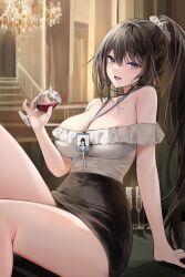 1girl absurdres alcohol bare_shoulders black_hair black_skirt blue_eyes breasts commentary_request commission cup drinking_glass high_ponytail highres holding holding_cup indoors korean_commentary lanyard large_breasts lillly long_hair off-shoulder_shirt off_shoulder original pencil_skirt ponytail shirt sitting skirt solo thighs very_long_hair white_shirt wine wine_glass