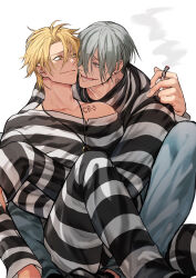 Rule 34 | 2boys, ahoge, bakshi christensen, black pants, black shirt, blonde hair, blue pants, cigarette, closed mouth, collarbone, couple, denim, earrings, eye contact, fingernails, giancarlo bourbon del monte, grey eyes, grey hair, hair between eyes, hair over one eye, highres, holding, holding cigarette, hug, hug from behind, jeans, jewelry, knee up, long sleeves, looking at another, lucky dog 1, male focus, miyamoyan, multiple boys, neck tattoo, necklace, off shoulder, open mouth, pants, prison clothes, ring, ring necklace, sharp fingernails, shirt, short hair, simple background, single bare shoulder, sitting, sitting on lap, sitting on person, smile, smirk, smoke, smoking, striped clothes, striped pants, striped shirt, tattoo, two-tone pants, two-tone shirt, white background, white pants, white shirt, yaoi, yellow eyes