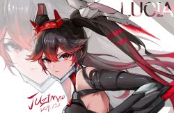 Rule 34 | 1girl, backless dress, backless outfit, black dress, black hair, character name, chin guard, commentary request, dated, dress, earrings, fake horns, gradient hair, hair between eyes, hair ornament, headgear, highres, horns, jewelry, juzi mao, long hair, lucia: dawn (pgr), lucia (pgr), mechanical arms, multicolored hair, parted bangs, punishing: gray raven, red eyes, red hair, red horns, sidelocks, signature, solo, streaked hair, x hair ornament