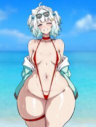 Rule 34 | 1girl, absurdres, aqua hair, areola slip, blue eyes, blush, breasts, commentary, covered erect nipples, curvy, day, english commentary, eyewear on head, frills, ghost girl, gradient hair, hair ornament, highres, indie virtual youtuber, looking at viewer, maid headdress, medium breasts, mint fantome, mint fantome (minto 2.0), multicolored hair, navel, ocean, outdoors, pear-shaped figure, pointy ears, red slingshot swimsuit, rudeus (steban sharnak), shiny skin, short hair, skindentation, slingshot swimsuit, smile, solo, standing, sunglasses, sweat, swimsuit, thick thighs, thigh strap, thighs, triangular headpiece, two side up, virtual youtuber, white hair, wide hips, x hair ornament