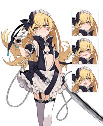 1girl :d :o absurdres alternate_costume apron bare_shoulders belt bikini bikini_top_only black_bikini black_bow black_dress black_garter_straps black_sleeves blonde_hair blush_stickers bow chain collar collared_dress dress earrings fang feet_out_of_frame frilled_collar frills garter_straps gloves hair_bow highres holding holding_weapon jewelry long_hair looking_at_viewer loose_belt maid_apron maid_headdress monogatari_(series) multiple_expressions mydarksideart o-ring o-ring_top open_mouth oshino_shinobu puffy_sleeves skin_fang sleeveless sleeveless_dress smile standing star_(symbol) stud_earrings swimsuit thighhighs very_long_hair wavy_mouth weapon white_background white_gloves white_thighhighs yellow_eyes