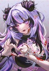 1girl aegyo_sal bare_shoulders black_bra black_hair black_nails blood blood_on_face blood_on_hands blush bra breasts chest_harness closed_mouth colored_eyelashes commentary dagger double_bun ear_piercing english_commentary eyeshadow fingernails grey_background hair_bun hair_ornament harness heart heart_hands heterochromia highres holding holding_dagger holding_knife holding_weapon indie_virtual_youtuber knife lipstick long_fingernails long_hair looking_at_viewer lubunni makeup multicolored_hair piercing pink_eyes pink_streaks pointy_ears purple_eyes purple_eyeshadow purple_hair purple_lips second-party_source smile solo spikes sprinkle_hershy sprinkles streaked_hair swept_bangs thick_eyelashes underwear upper_body virtual_youtuber weapon