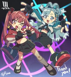 Rule 34 | 2girls, :3, black gloves, black shirt, black shorts, black skirt, blue eyes, blue hair, blue jacket, chibi, colored tips, commentary request, crop top, cropped jacket, earrings, fingerless gloves, full body, fyan sui, gloves, gradient background, heart, heart earrings, heart hands, heart pendant, heterochromia, hololive, hololive indonesia, houshou marine, iii (hololive), jacket, jewelry, kobo kanaeru, long hair, multicolored hair, multicolored jacket, multiple girls, open clothes, open jacket, pleated skirt, red eyes, red hair, red jacket, shirt, shorts, skirt, twintails, twitter username, two-tone hair, two-tone jacket, virtual youtuber, wavy hair, white hair, white jacket, yellow eyes