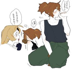 1futa 1girl ahoge arm_up black_gloves black_shirt blonde_hair blush brown_gloves brown_hair closed_eyes cookie_run cookie_run:_kingdom cookie_run:_ovenbreak croissant_cookie dayama eyelashes eyepatch fellatio futa_with_female futanari gloves green_pants humanization kneeling looking_at_another multicolored_hair oral pants penis ponytail selfcest shirt simple_background single_glove sleeveless sleeveless_shirt smile speech_bubble sweat talking timekeeper_cookie translation_request white_background wiping_mouth yellow_eyes yuri