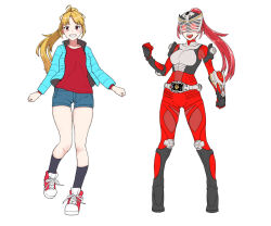 2girls armor belt black_boots black_socks blonde_hair blue_jacket blue_shorts bodysuit boots clenched_hands clenched_teeth commentary denim denim_shorts dragvisor dual_persona eidenjyou1997 eye_mask full_body high_ponytail jacket kamen_rider kamen_rider_ryuki kamen_rider_ryuki_(series) kidou_shinji kneehighs long_hair looking_at_viewer multiple_girls open_clothes open_jacket open_mouth ponytail red_bodysuit red_eyes red_hair red_shirt red_shoes rider-tan rider_belt shirt shoes short_shorts shorts smile sneakers socks standing standing_on_one_leg straight-on teeth unzipped upper_teeth_only v_buckle