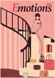 1girl bag belt black_eyes black_hair black_shoes blending box bracelet dress earrings emotions_2024 english_text gift gift_box hairband highres jewelry medium_hair pink_background pink_dress shoes sleeveless sleeveless_dress solo stairs standing syooooyoooo white_belt white_hairband wide_shot