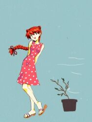 amondetauro black_socks blue_background braid breasts dress full_body long_hair neon_genesis_evangelion neon_genesis_evangelion:_iron_maiden official_alternate_costume official_alternate_hairstyle orange_hair plant polka_dot polka_dot_dress potted_plant red_dress sandals simple_background small_breasts smile socks souryuu_asuka_langley standing