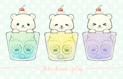 &gt;_&lt; ayu_(mog) bad_id bad_pixiv_id bear black_eyes cherry closed_eyes cup drinking_glass food fruit gelatin in_food looking_at_viewer no_humans original polar_bear polka_dot polka_dot_background romaji_text whipped_cream
