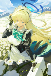 1girl absurdres apron black_dress black_gloves blonde_hair blue_archive blue_eyes closed_mouth dress field fingerless_gloves flower flower_field gloves highres holding holding_suitcase long_hair maid maid_apron maid_headdress smile solo suitcase szai toki_(blue_archive) white_apron