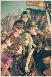 1girl 3boys beard male_byleth_(fire_emblem) drill_hair facial_hair fire_emblem fire_emblem:_three_houses flayn_(fire_emblem) green_eyes green_facial_hair green_hair multiple_boys nintendo sesami_n seteth_(fire_emblem) twin_drills yuri_leclerc
