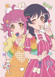 Rule 34 | 2girls, absurdres, ahoge, alternate hairstyle, arm warmers, blue hair, blush, bow, braid, brown eyes, brown overalls, brown shirt, candy, commentary request, dress, food, grey background, hair ornament, heart, heart hair ornament, highres, in-franchise crossover, kyaku tasu, licking, lollipop, long hair, looking at viewer, love live!, love live! nijigasaki high school idol club, love live! school idol project, multiple girls, one eye closed, overalls, pink dress, pink hair, rainbow arm warmers, shirt, sonoda umi, star (symbol), star hair ornament, tennoji rina, tongue, watermark, yellow eyes