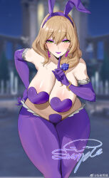 1girl animal_ears b.sa_(bbbs) bad_tag blurry blurry_background blush breasts brown_hair cleavage curvy earrings elbow_gloves fake_animal_ears flower genshin_impact gloves green_eyes hair_flower hair_ornament hand_on_own_hip highres index_finger_raised jewelry large_breasts lipstick lisa_(genshin_impact) long_hair looking_at_viewer makeup meme_attire pasties purple_gloves rabbit_ears reverse_bunnysuit reverse_outfit rose shiny_skin smile solo thick_thighs thighs
