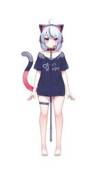 1girl absurdres animal_ear_headphones black_shirt cat_ear_headphones commentary_request deaver fake_animal_ears headphones highres indie_virtual_youtuber looking_at_viewer shirt simple_background solo standing t-shirt tail virtual_youtuber white_background