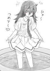 1girl absurdres azuminonomizua bags_under_eyes grin hair_between_eyes highres kuroki_tomoko lineart long_hair monochrome necktie shirt short_sleeves simple_background skirt skirt_hold smile solo translation_request wading_pool watashi_ga_motenai_no_wa_dou_kangaetemo_omaera_ga_warui! water white_background