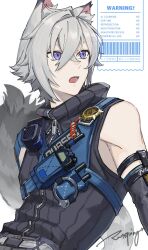 1boy animal_ear_fluff animal_ears armor barcode belt black_sweater bridal_gauntlets cat_boy cat_ears cat_tail crossed_bangs grey_belt grey_hair hair_between_eyes highres looking_to_the_side male_focus open_mouth police police_badge police_uniform policeman purple_eyes seth_lowell short_hair shoulder_armor simple_background single_bare_shoulder sleeveless sleeveless_sweater solo sparkle sudooru_haru sweater tail teeth turtleneck turtleneck_sweater upper_body watermark white_background zenless_zone_zero zipper