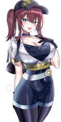 1girl absurdres black_gloves black_hat blue_choker blue_eyes blush breasts choker collarbone female_protagonist_(pokemon_go) gloves hanasaka_houcha hand_on_own_chest hat highres large_breasts looking_at_viewer medium_hair mole mole_on_breast mole_under_eye nintendo open_mouth pokemon pokemon_go ponytail short_sleeves smile solo white_background