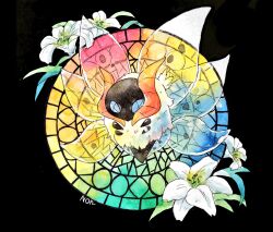 Rule 34 | black background, blue eyes, flower, gen 5 pokemon, highres, lily (flower), mandala, nintendo, no humans, non (kumakawayusu), painting (medium), pokemon, pokemon (creature), signature, simple background, traditional media, transparent wings, volcarona, watercolor (medium), white flower, white lily