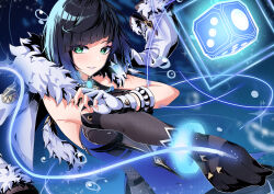 1girl absurdres armpits asymmetrical_gloves black_gloves black_hair blue_dress blue_hair blush bracelet breasts diagonal_bangs dice dress elbow_gloves fingerless_gloves fur_collar fur_trim genshin_impact gloves gradient_hair green_eyes highres jacket jacket_on_shoulders jewelry large_breasts light_particles multicolored_hair parted_lips short_hair sleeveless sleeveless_dress smile solo upper_body vision_(genshin_impact) white_gloves yelan_(genshin_impact) yuito_(yuitokobunasbs0)