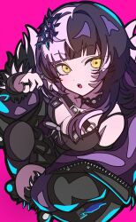 bad_tag black_hair black_jacket breasts female hololive hololive_english jacket kikkasoon large_breasts shiori_novella spectra_dragos virtual_youtuber white_hair yellow_eyes