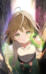 Rule 34 | 1girl, ahoge, blush, boots, breasts, brown boots, brown hair, brown shirt, collarbone, from above, green eyes, green socks, highres, komone ushio, looking at viewer, magic, medium breasts, open mouth, original, shirt, short hair, skirt, socks, solo