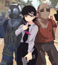 1girl 2boys absurdres bandana bandana_over_mouth black_eyes black_gloves black_hair black_necktie blue_jacket blue_pants brown_bandana brown_pants chainsaw_man counter-strike_(series) counter-strike_2 gas_mask gloves grey_vest gun hair_ornament hairclip handgun higashiyama_kobeni highres holding holding_gun holding_knife holding_weapon jacket jiansketch karambit knife long_sleeves mask mole mole_under_eye multiple_boys necktie pants ponytail red_shirt shirt short_ponytail short_sleeves single_sidelock sunglasses thumbs_up vest weapon white_shirt