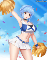 1girl alternate_costume arm_up armpits artist_name blue_hair braid breasts brown_eyes cheerleader cleavage confetti crown_braid female_focus fire_emblem fire_emblem:_three_houses highres large_breasts looking_at_viewer marianne_von_edmund midriff navel nintendo patdarux pom_pom_(cheerleading) short_hair sidelocks skirt solo white_skirt