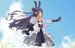 1girl ascot asymmetrical_sleeves blue_sky cloud cowboy_shot crinoline cutout_above_navel double_bun dress dress_flower floating_hair flower gauntlets gradient_hair hair_bun hair_ornament halo highres hololive hololive_english long_hair long_pointy_ears looking_afar magui3 multicolored_hair ninomae_ina&#039;nis ninomae_ina&#039;nis_(ina_the_hero) open_clothes open_dress orange_hair outstretched_arms outstretched_hand pointy_ears puffy_sleeves purple_hair see-through_clothes see-through_skirt single_gauntlet skirt sky solo standing takodachi_(ninomae_ina&#039;nis) tentacle_hair thigh_strap traditional_halo very_long_hair virtual_youtuber white_ascot white_dress