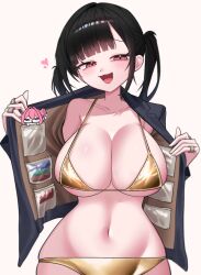 1girl absurdres bikini black_hair breasts commentary_request doro_(nikke) goddess_of_victory:_nikke gold_bikini highres jacket korean_commentary large_breasts mimu_(cyus7328) navel open_clothes open_jacket open_mouth red_eyes short_hair simple_background smug solo sora_(nikke) stomach swimsuit twintails white_background