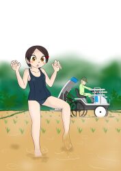 1boy 1girl barefoot baseball_cap blue_one-piece_swimsuit blue_school_swimsuit blush boots breasts brown_eyes brown_hair closed_eyes collarbone dirty dirty_feet driving grass green_hat green_pants green_shirt grey_boots hair_ornament hairclip hat long_sleeves looking_down one-piece_swimsuit open_mouth original pants rice_planting rice_transplanter school_swimsuit sexless2012 shirt short_hair sky small_breasts standing standing_on_one_leg swimsuit tractor tree wading water