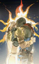 2boys armor belt black_belt blue_tabard chinese_commentary chosen_undead commentary_request cowboy_shot dark_souls_(series) dark_souls_i fire from_side helmet highres hug huixingweiqi long_sleeves male_focus multiple_belts multiple_boys mutual_hug pauldrons shoulder_armor solaire_of_astora tabard white_tabard