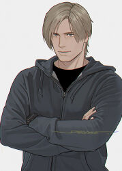 Rule 34 | 1boy, black hoodie, black shirt, blonde hair, blue eyes, closed mouth, cowboy shot, crew neck, hood, hood down, hoodie, leon s. kennedy, long sleeves, looking ahead, male focus, parted bangs, partially unzipped, resident evil, resident evil 2, resident evil 2 (remake), sardine (kjr0313), shirt, signature, simple background, smile, solo, t-shirt, watch, white background, wristwatch, zipper, zipper pull tab
