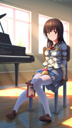 1girl arms_behind_back ball_gag bdsm bondage bound breasts brown_eyes brown_hair chair drawing_(object) female_focus full_body gag gag_around_neck grand_piano highres himitsu_(hi_mi_tsu_2) instrument knees_together_feet_apart long_hair looking_at_viewer meme one_finger_selfie_challenge_(meme) original piano picture_frame rope shibari shibari_over_clothes sitting small_breasts solo stuffed_animal stuffed_shark stuffed_toy unworn_gag wiffle_gag