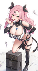 1girl absurdres bare_shoulders belt black_belt black_boots black_collar black_jacket black_ribbon black_shorts black_sleeves black_socks black_thighhighs blue_nails boots breasts cleavage clothing_cutout collar commentary_request crop_top cropped_jacket cutoffs detached_sleeves earrings fingernails glint green_eyes green_nails hair_ornament hair_ribbon hairclip hand_on_own_hip heart heart_collar heart_cutout heart_earrings highres huge_breasts jacket jewelry long_hair long_sleeves looking_at_viewer lower_teeth_only midriff mole mole_on_breast mole_on_thigh money nail_polish navel nicole_demara o-ring o-ring_belt ok_sign open_mouth pink_hair pink_nails ribbon shorts single_thighhigh smile socks solo standing standing_on_one_leg stomach strapless suitcase teeth thigh_belt thigh_strap thighhighs thighs tile_floor tiles torn_clothes torn_thighhighs tousaki_(tousakiworks) tube_top two_side_up white_background white_tube_top zenless_zone_zero