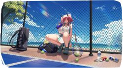 1girl absurdres against_fence azur_lane ball bare_legs beach blue_hair blue_sky blush bottle breasts bremerton_(azur_lane) bremerton_(scorching-hot_training)_(azur_lane) can chain-link_fence cleavage cloud crop_top crop_top_overhang day drink_can fence hair_between_eyes hair_intakes hair_ornament hairclip headgear highres katsudansou knees large_breasts leaning_back legs legs_folded long_hair manjuu_(azur_lane) midriff mole mole_under_eye mountainous_horizon multicolored_hair non-web_source ocean official_alternate_costume official_art palm_tree pink_eyes pink_hair racket revision shoes sky sneakers soda_can sportswear squatting streaked_hair tennis tennis_ball tennis_court tennis_racket tennis_uniform transparent_background tree twintails water_bottle