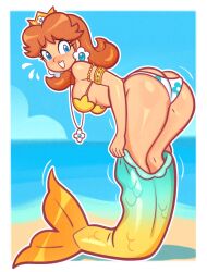 1girl armpits ass ass_focus bare_legs beach bikini blue_eyes bra breasts brown_hair butt_crack collar crown daisy_mermaid_tail_undressing_(meme) earrings flipped_hair highres huge_ass jewelry legs looking_back lumadraws mario_(series) mermaid mermaid_tail monster_girl nintendo ocean panties princess princess_daisy sand smile sweatdrop swimsuit tagme tomboy underwear undressing