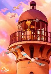 1girl ampharos animated brown_hair cloud cloudy_sky dress gen_1_pokemon gen_2_pokemon gen_3_pokemon guard_rail gym_leader jasmine_(pokemon) long_hair magnemite nintendo oshiruko_(oshiruko_s2) pokemon pokemon_hgss signature sky slice_of_life standing two_side_up video wind wingull