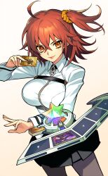 1girl absurdres ahoge black_pantyhose black_skirt breasts card chaldea_uniform class_card_(prisma_illya) command_spell duel_disk dynamitenatalia fate/grand_order fate_(series) fujimaru_ritsuka_(female) hair_between_eyes hair_ornament hair_scrunchie highres holding holding_card large_breasts long_sleeves looking_at_viewer miniskirt one_side_up orange_eyes orange_hair pantyhose pleated_skirt saint_quartz_(fate) scathach_(fate) scrunchie short_hair skirt smile solo yellow_scrunchie yu-gi-oh!