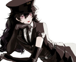 1boy amamiya_ren black_gloves black_hair black_hat black_jacket black_necktie collared_shirt crossdressing elbow_gloves eyelashes gloves hair_between_eyes hand_up hat highres jacket long_hair looking_at_viewer male_focus necktie parted_lips persona persona_5:_dancing_star_night persona_dancing pink_eyes police police_uniform purple_eyes red_lips saichuu_(more1208) shirt short_sleeves simple_background solo upper_body wavy_hair white_background