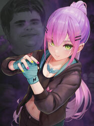 1boy 1girl absurdres aqua_gloves black_jacket black_pants black_sports_bra character_name closed_mouth commentary_request gloves green_eyes green_nails highres hololive hood hooded_jacket ishiyuki jacket long_hair looking_at_viewer multicolored_hair multicolored_nails navel pants pink_hair pink_nails purple_hair smile solo sports_bra standing stomach tokoyami_towa virtual_youtuber