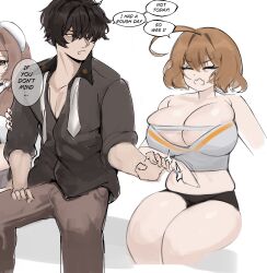 1boy 2girls ahoge anis_(nikke) bare_shoulders belly beret bike_shorts black_shirt black_shorts bready_(nikke) breasts brown_hair brown_pants cleavage commander_(nikke) english_text goddess_of_victory:_nikke grabbing_another&#039;s_arm grey_shirt hair_between_eyes hat ieugama large_breasts motion_blur motion_lines multiple_girls muscular muscular_male navel necktie pants shirt short_hair shorts slapping speech_bubble tank_top undone_necktie wavy_mouth white_background white_hat