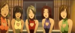 Rule 34 | anime screenshot, black hair, blonde hair, blue dress, breasts, brown hair, cleavage, death note, dress, green dress, happy, multiple girls, pink dress, red dress, sitting, smile, stitched, take your pick, third-party edit, yellow dress