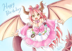 Rule 34 | 1girl, akihara ryou, bare shoulders, breasts, dragon girl, dragon horns, dragon tail, dragon wings, dress, frilled dress, frills, hair ornament, hair ribbon, happy birthday, horns, iris mysteria!, large breasts, long hair, outstretched arms, pink dress, pointy ears, red hair, ribbon, sharon oliva, tail, very long hair, wide sleeves, wings, yellow eyes