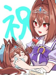 2girls animal_ears antenna_hair blue_gemstone brown_hair cake commentary daiwa_scarlet_(umamusume) dual_persona fang food food_on_face fork fruit gem hair_between_eyes hair_intakes handkerchief happy_birthday highres holding holding_fork holding_handkerchief horse_ears i_am_shakenoko long_hair multiple_girls open_mouth puffy_short_sleeves puffy_sleeves purple_shirt red_eyes sailor_collar sailor_shirt school_uniform shirt short_sleeves skin_fang slit_pupils strawberry strawberry_shortcake summer_uniform tiara tracen_school_uniform twintails umamusume white_sailor_collar wiping yukkuri_shiteitte_ne
