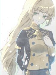 Rule 34 | 1girl, blonde hair, breasts, closed mouth, fire emblem, fire emblem: three houses, garreg mach monastery uniform, green eyes, highres, ingrid brandl galatea, long hair, long sleeves, medium breasts, nintendo, nowa mi112, simple background, smile, solo, upper body, very long hair, white background