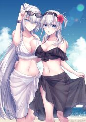2girls adjusting_eyewear arm_around_waist asymmetrical_docking bikini black_bikini black_hairband black_sarong blue_sky bracelet breast_press breasts collarbone commentary_request dated day eyewear_on_head flower fuyutsuki_(kancolle) grey_eyes grey_hair hair_between_eyes hair_flower hair_ornament hairband hand_on_another&#039;s_shoulder hand_on_eyewear hibiscus highres jewelry kabocha_torute kantai_collection large_breasts long_hair looking_at_viewer medium_breasts multiple_girls navel one_side_up outdoors sarong see-through_clothes see-through_sarong side-tie_bikini_bottom side_ponytail sky smile sunglasses sunlight suzutsuki_(kancolle) swimsuit twitter_username very_long_hair white_bikini white_hairband white_sarong