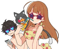1boy 1girl :3 amamiya_ren animal bikini black_cat black_hair cat closed_eyes closed_mouth commentary_request flat_chest heart heart-shaped_eyewear long_hair maitakepasuta morgana_(cat)_(persona_5) morgana_(persona_5) official_alternate_costume orange_hair persona persona_5 sakura_futaba short_hair simple_background star-shaped_eyewear star_(symbol) sunglasses swimsuit tongue tongue_out topless_male white_background