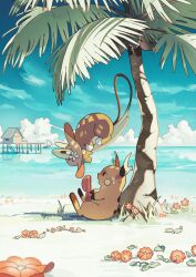 :d absurdres alolan_form alolan_raichu animal_focus beach blue_eyes blue_sky brown_eyes cloud cloudy_sky coconut_tree commentary day english_commentary feyzi floating flower full_body gen_1_pokemon gen_7_pokemon happy hat hat_flower highres hot looking_at_another nintendo no_humans open_mouth orange_flower outdoors palm_tree pokemon pokemon_(creature) raichu sitting sky smile sweatdrop tail tree water